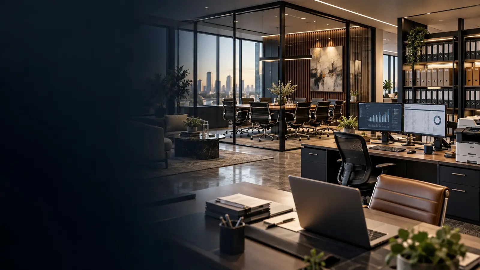 An accountancy firm’s open-plan office with desks, files and city views