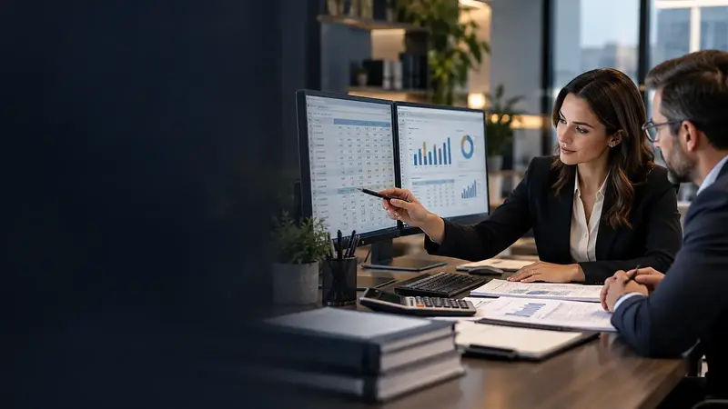 Two accountants reviewing figures and charts on a pair of screens