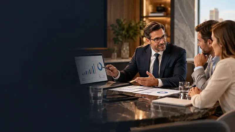 A financial adviser talking a couple through a report at a meeting table