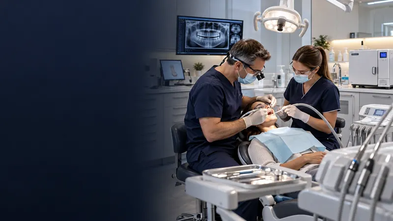 A dentist and dental nurse treating a patient beside a chair, with an X-ray image on the surgery screen