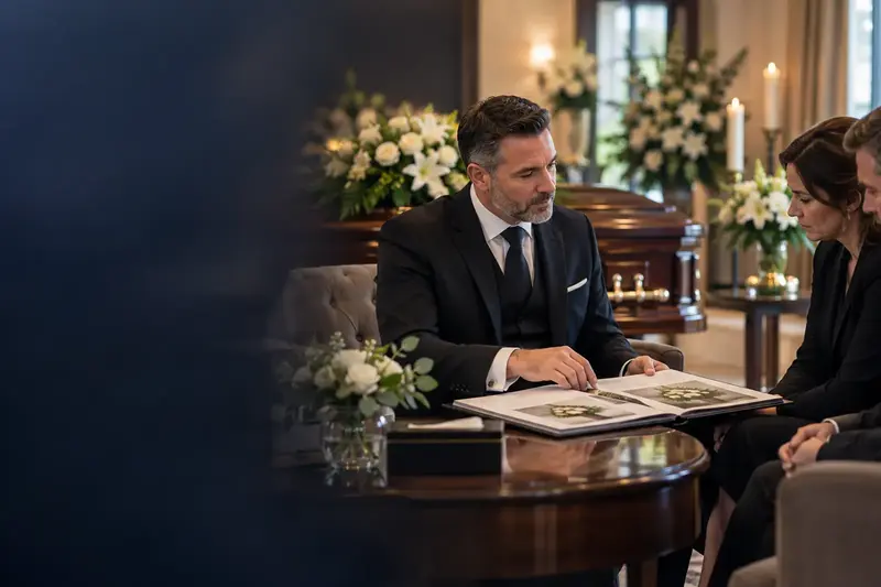 A funeral director in a dark suit talking with a family in a quiet arrangement room