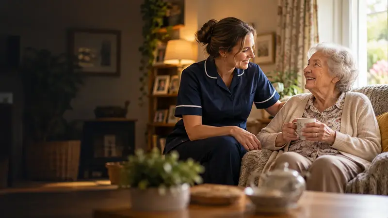 A home carer chatting with an older woman in her living room