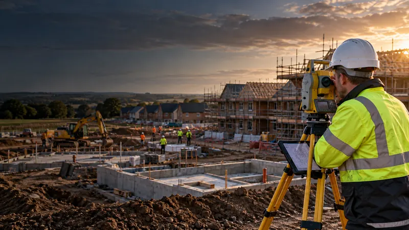 A surveyor using a total station on a new housing development