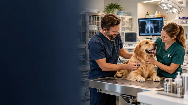 A vet and a veterinary nurse examining a golden retriever, with an X-ray on screen and kennels behind them